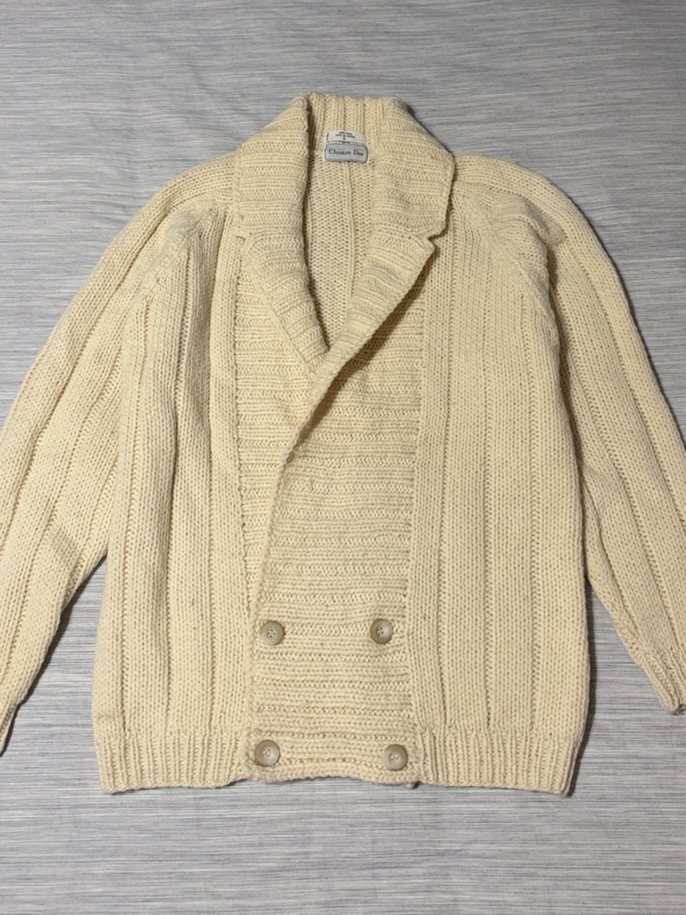 VTG Christian Dior Double Breasted Wool Cardigan Sweater Cream White Shawl